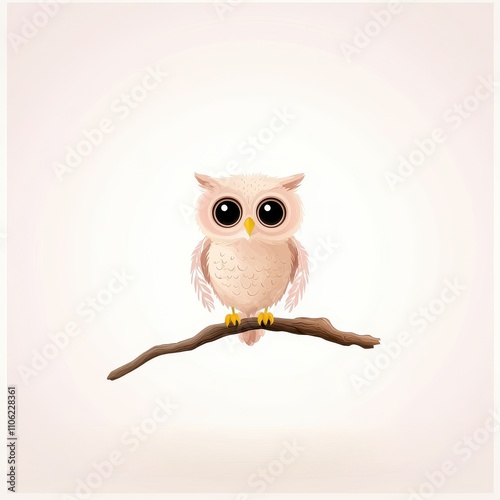 Cute cartoon owl illustration perched on a branch, showcasing big eyes and a soft color palette, perfect for children's books and educational materials photo