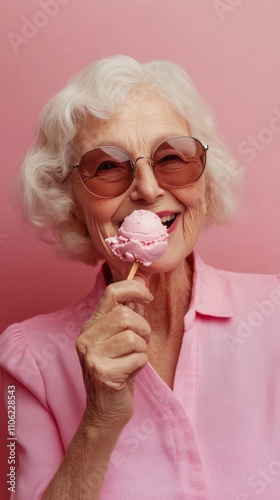 Elderly woman enjoying pink ice cream on a colorful background in bright summ...