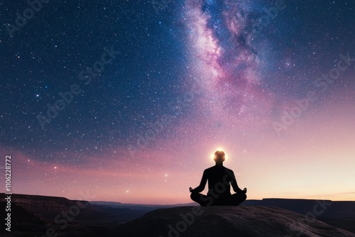 Meditating person surrounded by cosmic elements and chakra alignment in a tra...