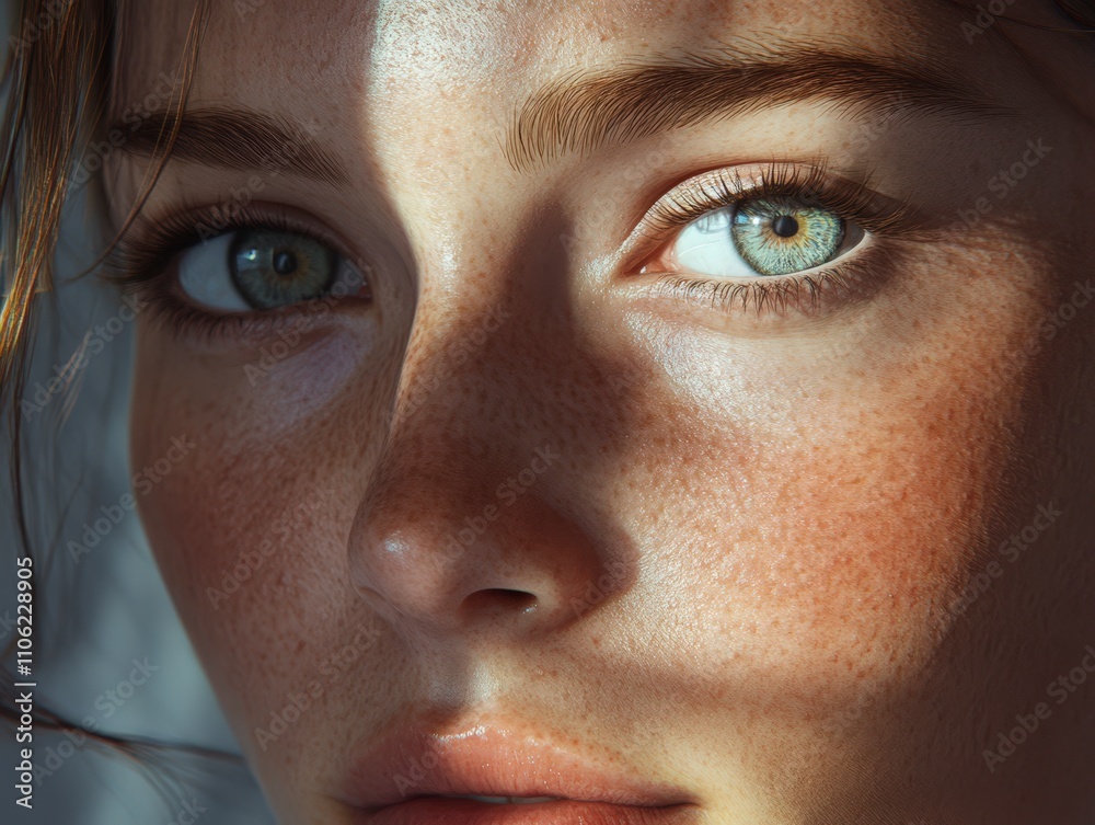Freckled Woman's Close-Up Portrait, Soft Light Freckled Woman's Close-Up Portrait, Soft Light