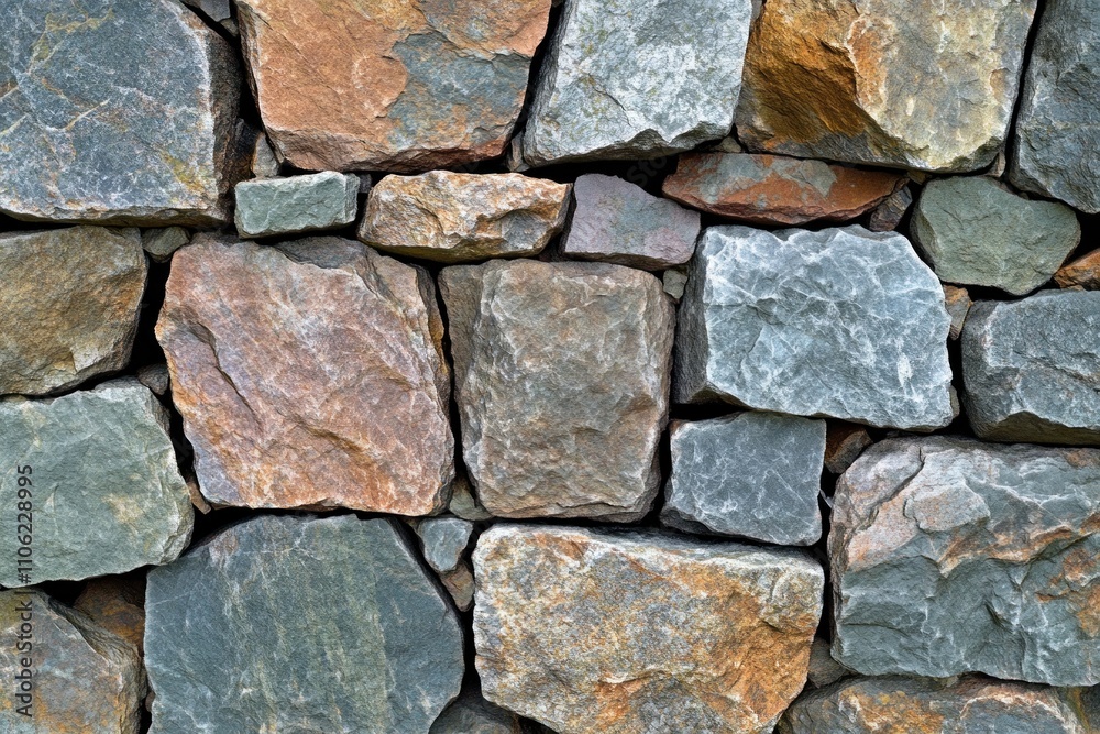 A textured stone wall composed of various sized and colored rocks. A textured stone wall composed of various sized and colored rocks.
