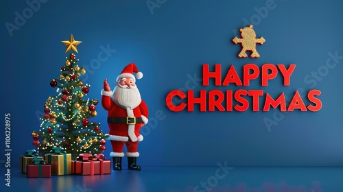 Animated Santa standing beside a Christmas tree with 