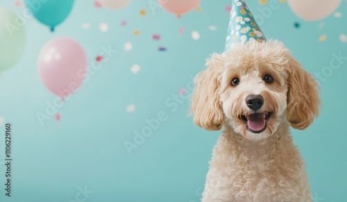 Cute dog wears party hat surrounded by colorful balloons and confetti for bir...