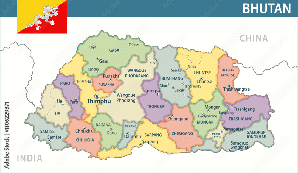 Obraz premium Bhutan Map Vector New 2024 Colorful - Customizable layered political map of Bhutan with administrative divisions for website, education, reports, news, politics, print, poster and wallpaper