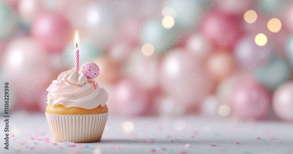 Delicate cupcake with a candle and sprinkles in a softly lit setting during a celebration Delicate cupcake with a candle and sprinkles in a softly lit setting during a celebration