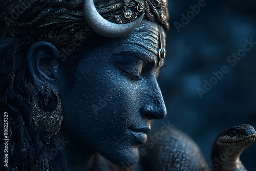 Shiva with a Crescent Moon on His Forehead, Long Hair Flowing, Portrayed in a Divine and Majestic Pose, Symbolising Power and Serenity in Hindu Mythology