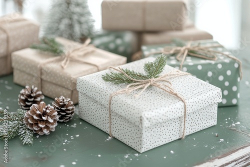 Decorative winter gifts arranged with pinecones and greenery on a muted backg...