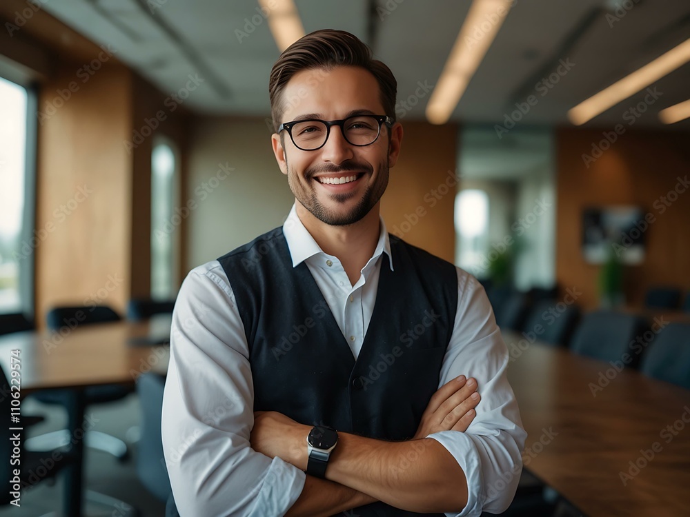 Fototapeta premium Handsome businessman with glasses, confident smile in a conference room.