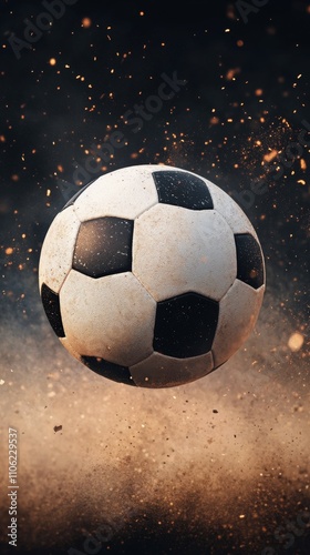 Dynamic soccer ball amidst vibrant sparks in dramatic background during inten...