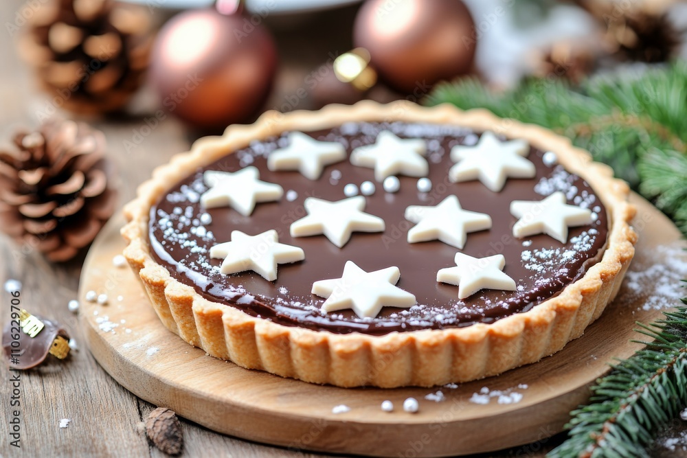 Chocolate dessert tart decorated with stars and pine cones for a festive celebration Chocolate dessert tart decorated with stars and pine cones for a festive celebration
