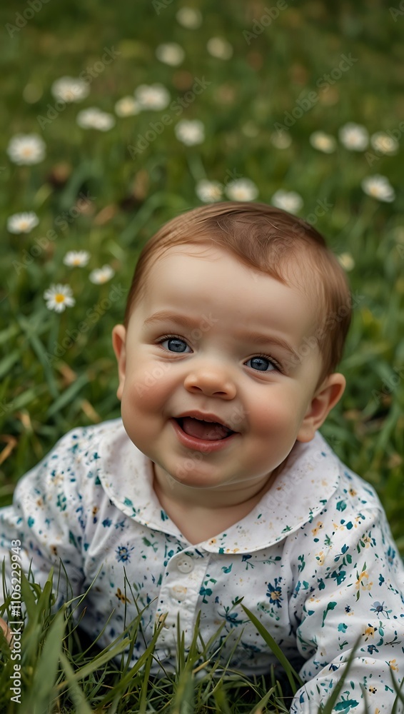 Happy 7-month-old baby lying on grass in spring.