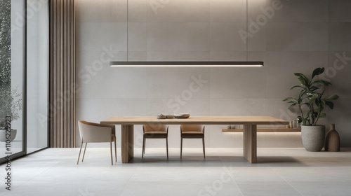 Modern dining area featuring minimalist design and neutral colors during dayl...