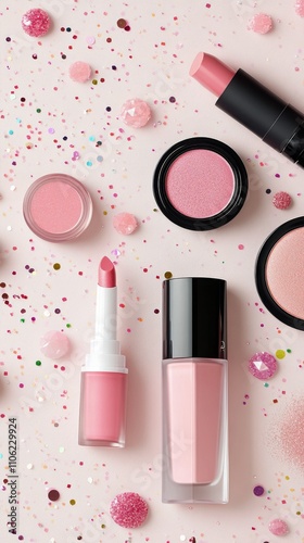 Makeup products arranged artistically with sparkling gems on a soft pink back...