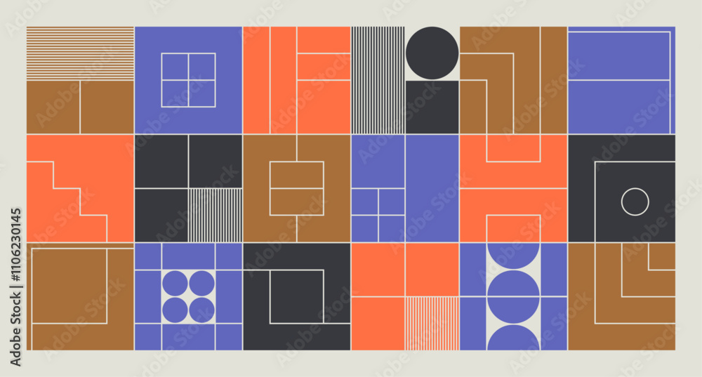 Minimalist geometric pattern with squares, circles and lines in Brutalist aesthetic