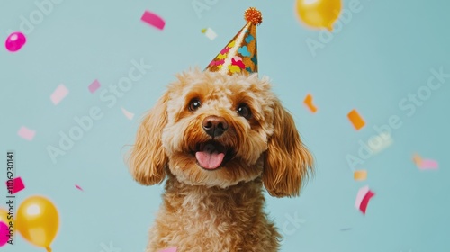 Happy dog celebrates birthday with colorful confetti and festive party hat in...