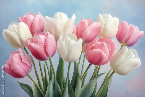 Colorful tulips arranged in a bouquet with pink and white petals against a so...