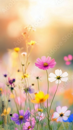 Beautiful wildflowers blooming in a sunny meadow during springtime