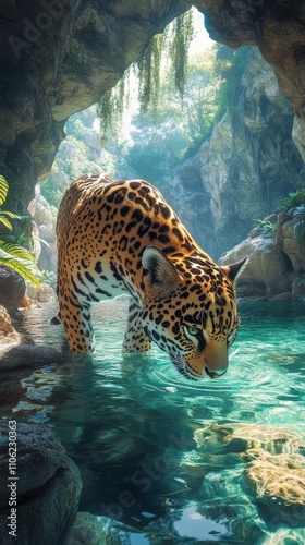 Jaguar drinks water in a lush cave environment during daylight hours