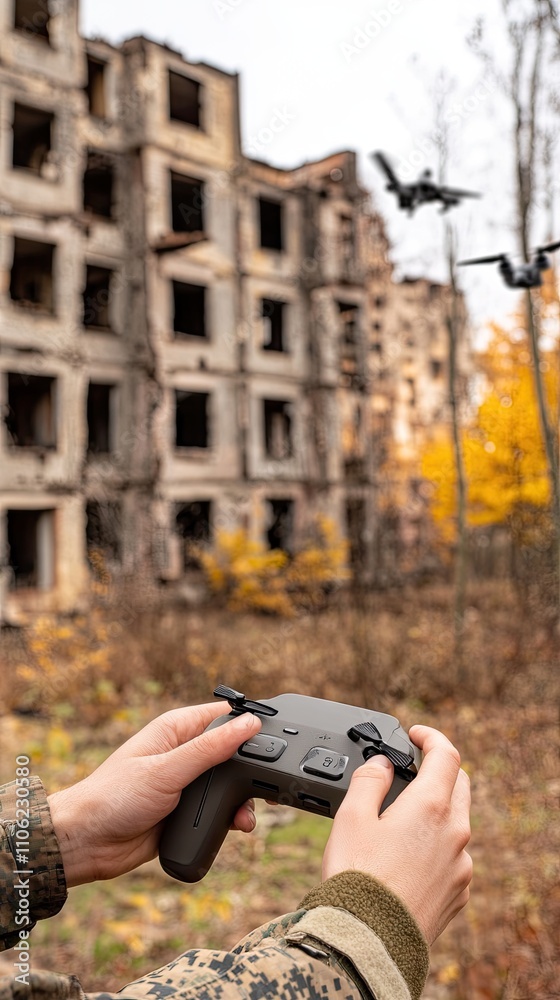 Military soldier expertly operates drone controller in a deserted urban landscape surrounded by nature Military soldier expertly operates drone controller in a deserted urban landscape surrounded by nature