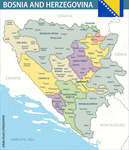 Bosnia and Herzegovina Map Vector New 2024 Colorful - Customizable layered political map of Bosnia and Herzegovina with administrative divisions for website, education, reports, news, politics, print