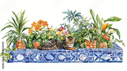 Cat lounging among vibrant plants in a decorative tile planter during sunny a...