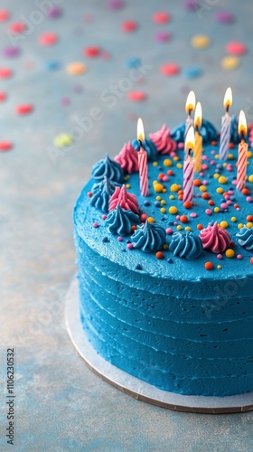 Delicious blue birthday cake with lit candles and colorful sprinkles during a...