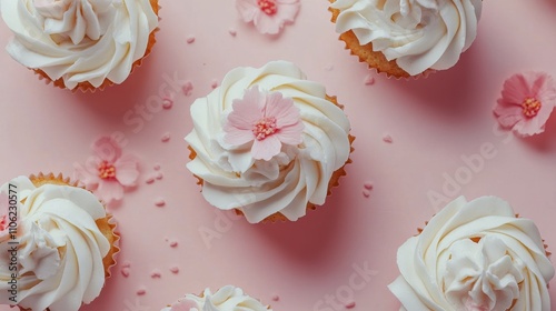 Sweet cupcakes decorated with cream and edible flowers on a pink background