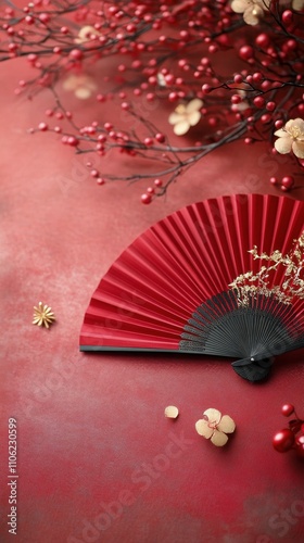 Beautiful red fan rests on a vibrant surface with decorative branches in the ...