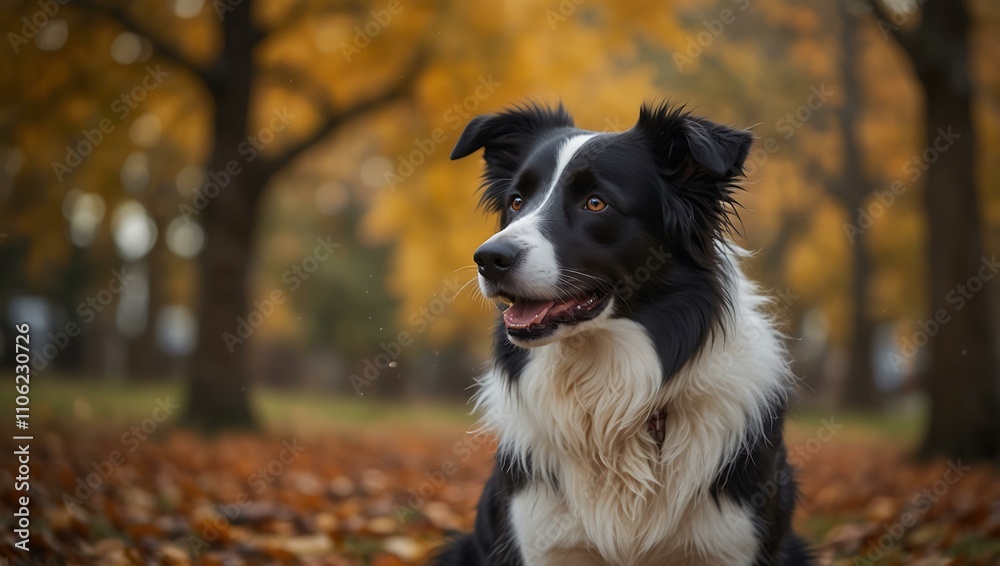 Fototapeta premium Happy Border Collie in an autumn setting, bokeh background.