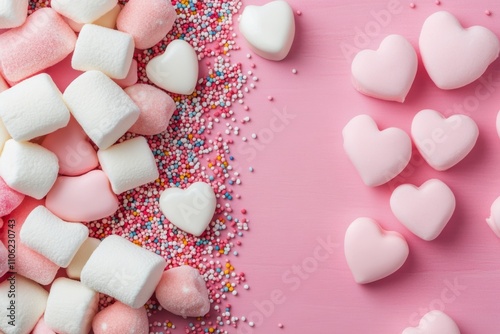 Colorful heart shaped candies and sweets create a delightful arrangement on a...