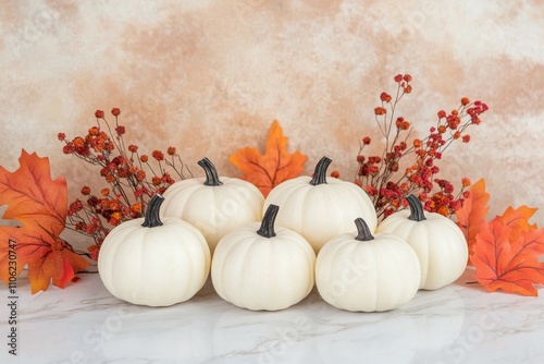 White pumpkins and autumn leaves arranged on countertop for seasonal decor