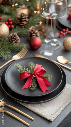 Holiday table setting with festive decorations and elegant dinnerware arrange...