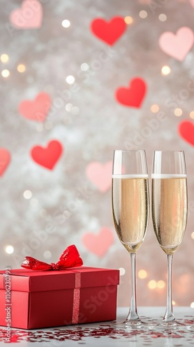 Celebration with champagne and gift box surrounded by heart decorations for s...