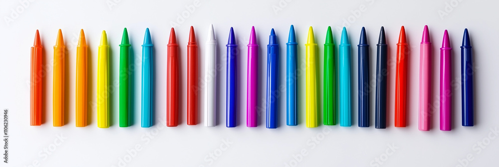 Obraz premium Colorful arrangement of assorted bright pens in rainbow order on white background