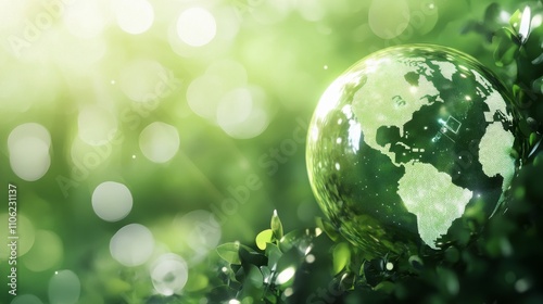 Creative representation of a planet surrounded by lush greenery under soft su...