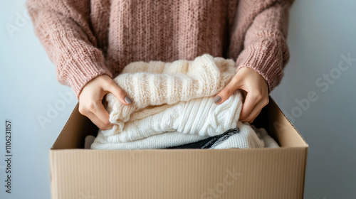 Woman hands put clothes to cardboard box at home. Donations for charity, help low income families, declutter home, sell online, moving into new home, recycling, sustainable living concept photo