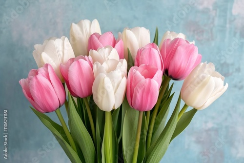Colorful tulips arranged in a bouquet with pink and white petals against a so...