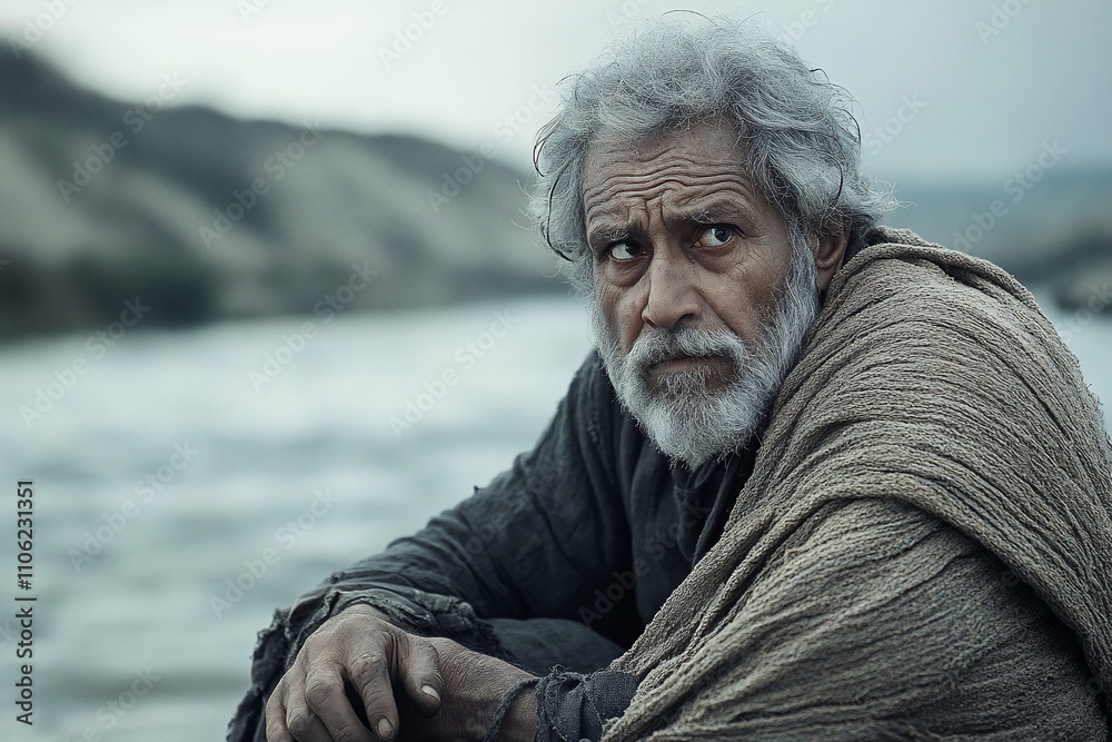 Elderly man with weathered face sits by river, pensive expression. Elderly man with weathered face sits by river, pensive expression.