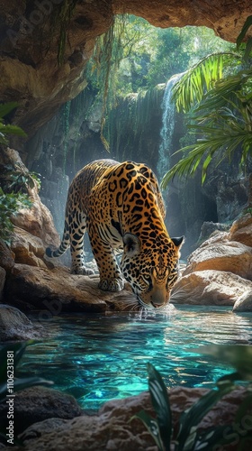 Jaguar drinks water in a lush cave environment during daylight hours