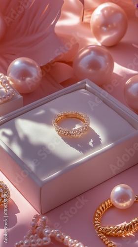 Elegant gold ring surrounded by pearls on a delicate pink surface