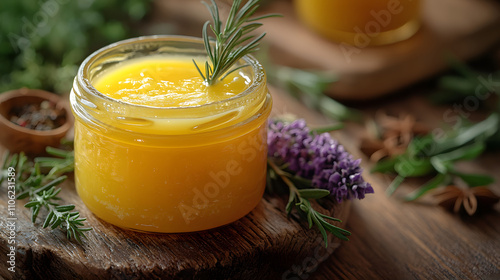 A Rustic Culinary Moment: Ghee Surrounded by Nature's Finest Herbs and Spices photo