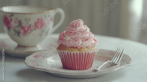 Freshly baked cupcake with pink frosting beside a floral tea cup on a table