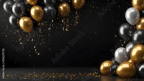 Black, gold, and gray balloons, confetti, and ribbons on a dark background.

