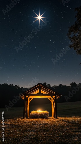 Starry night over a rustic shelter with hay under a glowing light in the coun...