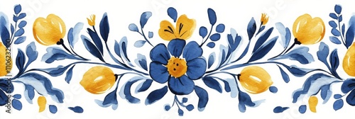 Colorful floral pattern featuring blue and yellow flowers and green leaves on...