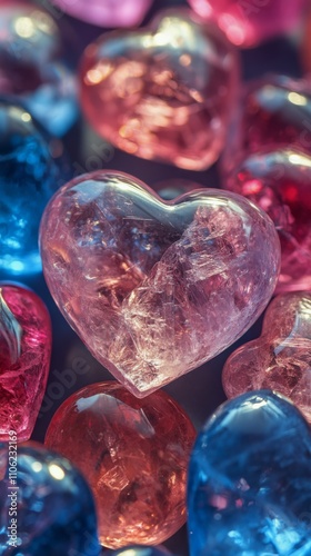 Colorful heart shaped gems scattered in blue and pink shades on a dark surface