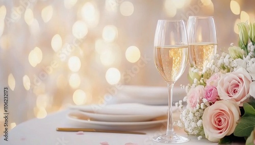 Elegantly designed table setting with sparkling wine and floral arrangement f...