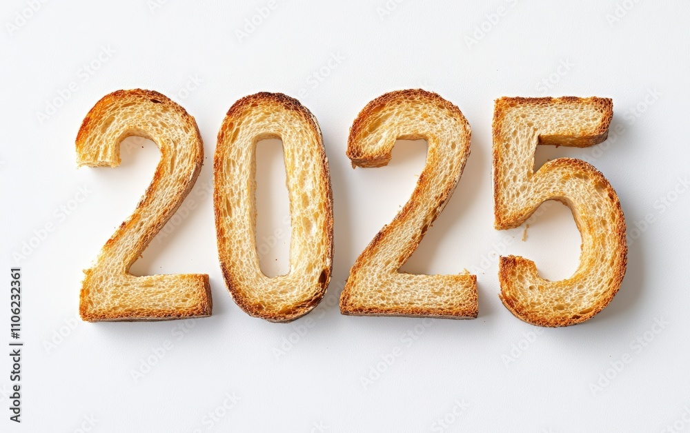 2025 Made of Bread Slices Numbers shaped using perfectly toasted bread slices, cut into numerical shapes. Rustic and comforting, white background. 2025 Made of Bread Slices Numbers shaped using perfectly toasted bread slices, cut into numerical shapes. Rustic and comforting, white background.