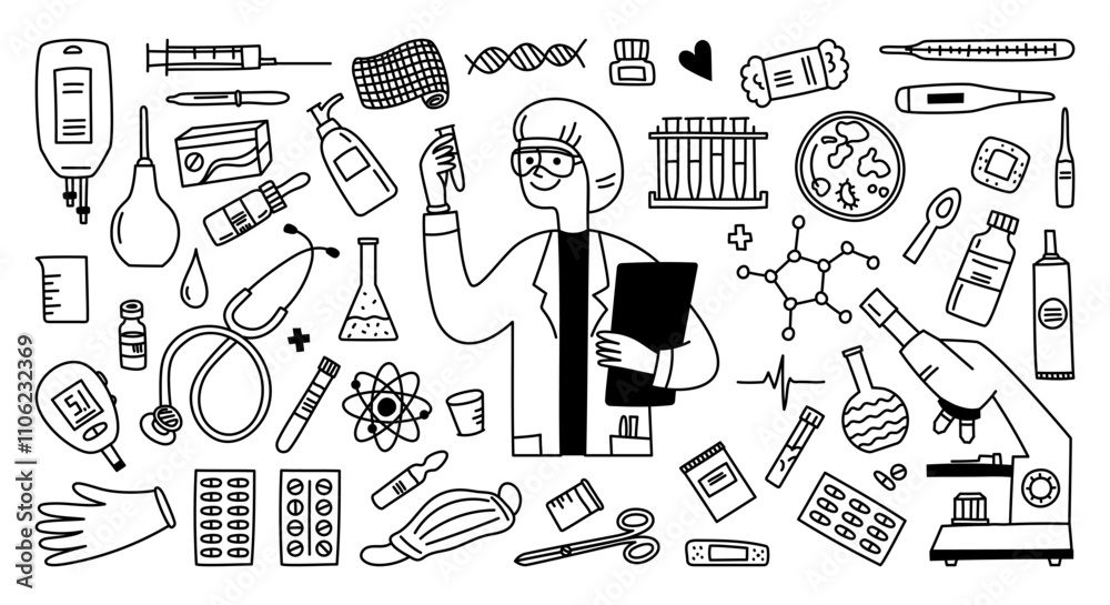 Naklejka premium Set of hand drawn Doodle. Healthcare and medicine. Medicines and medical products and devices. Doctor, laboratory. Vector illustration isolated