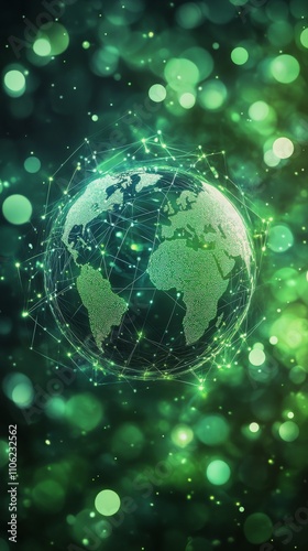 Global connectivity illustrated through a vibrant green digital globe represe...